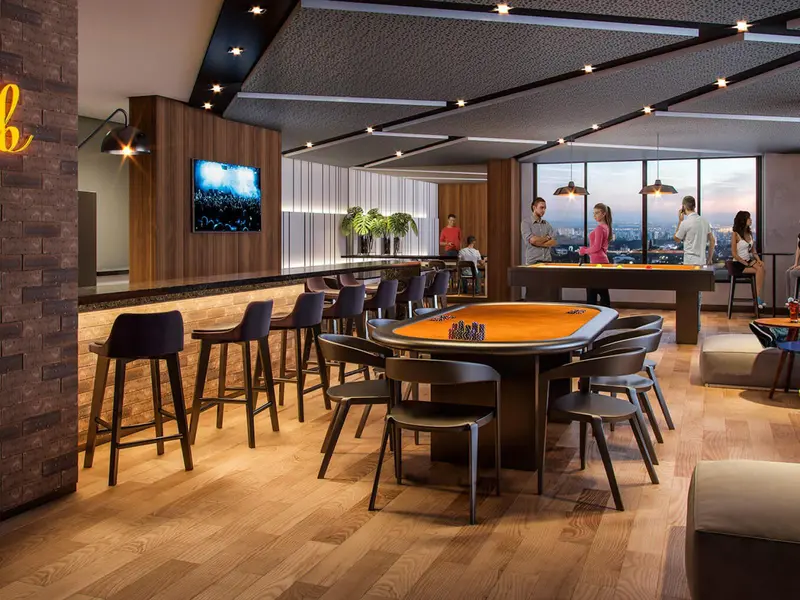 Pub com sinuca e mesa de jogos do Alive Bueno, no Setor Bueno em Goiânia (imagem de projeto)