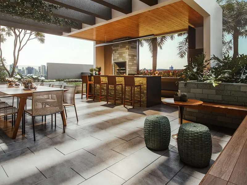 Espaço gourmet ao ar livre com churrasqueira do Alive Bueno, no Setor Bueno em Goiânia (imagem de projeto)