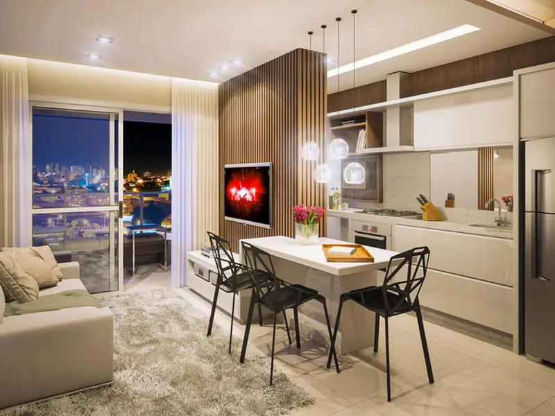 Living integrado à cozinha e à varanda do Follow Bueno Residence, Setor Bueno em Goiânia (imagem de projeto)