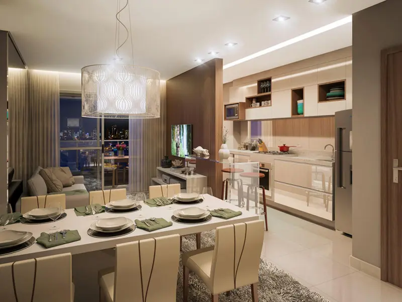 Sala de jantar com cozinha americana do Follow Bueno Residence, Setor Bueno em Goiânia (imagem de projeto)