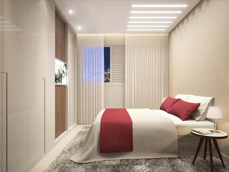 Suíte com armários planejados do Follow Bueno Residence, Setor Bueno em Goiânia (imagem de projeto)