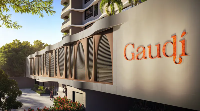 Acesso e entrada do Gaudí Residências, no Setor Bueno em Goiânia (imagem de projeto)