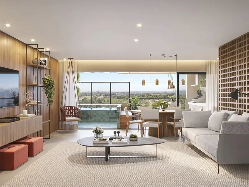 Living do apartamento decorado de 3 quartos do Emirates, Parque Flamboyant em Goiânia (imagem de projeto)