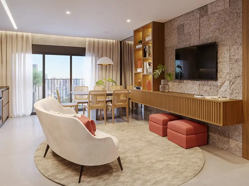 Living do apartamento decorado de 2 quartos do Emirates, Parque Flamboyant em Goiânia (imagem de projeto)