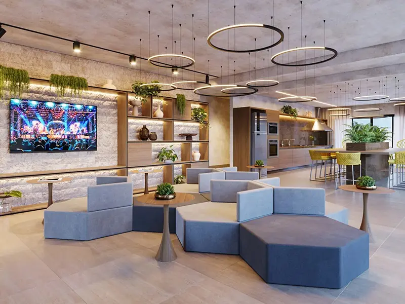 Lounge de convivência do Emirates, no Parque Flamboyant em Goiânia (imagem de projeto)