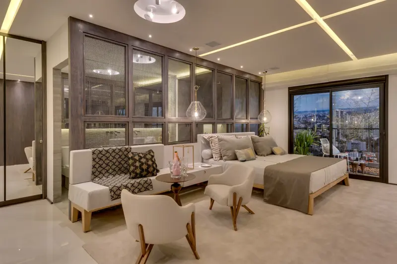 Suíte master com varanda do decorado do Opus Acqua, Setor Marista em Goiânia
