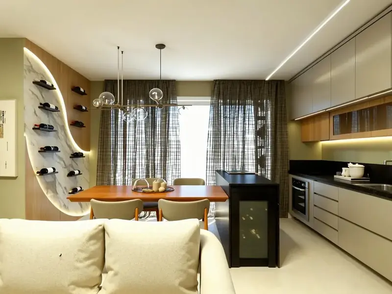 Living e cozinha integrados do apartamento mobiliado no Wish Vaca Brava, Setor Bueno em Goiânia