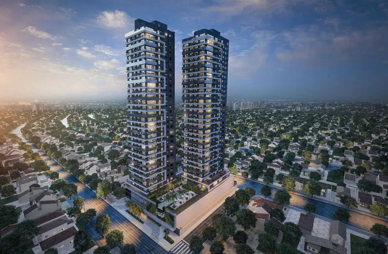 Fachada das duas torres do Único Marista 135 ao entardecer, Setor Marista em Goiânia (imagem de projeto)