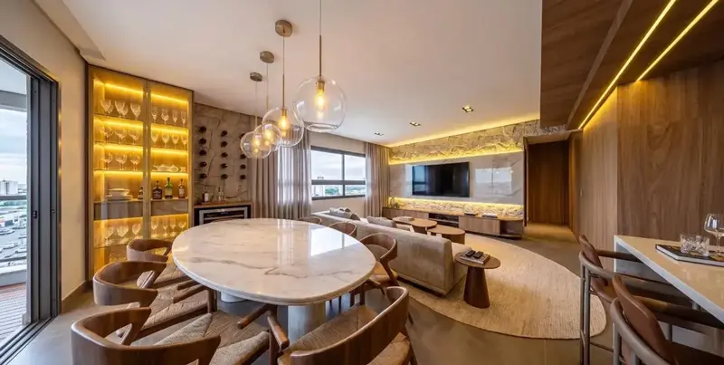 Ambiente do apartamento mobiliado e decorado no Atmos City Design, Setor Marista em Goiânia