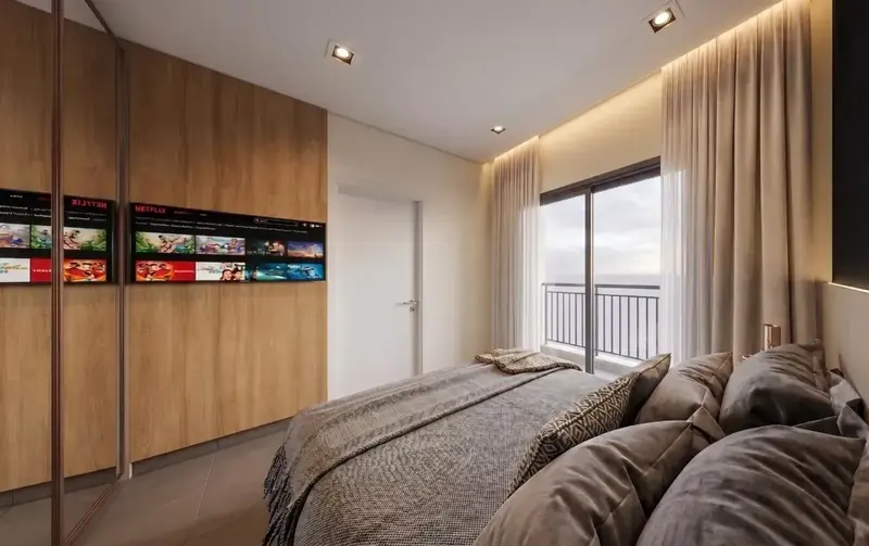 Ambiente do apartamento mobiliado e decorado no Atmos City Design, Setor Marista em Goiânia