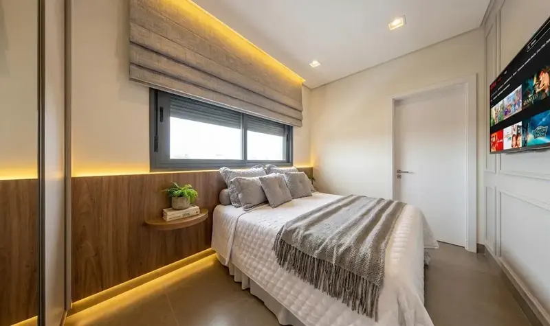 Ambiente do apartamento mobiliado e decorado no Atmos City Design, Setor Marista em Goiânia