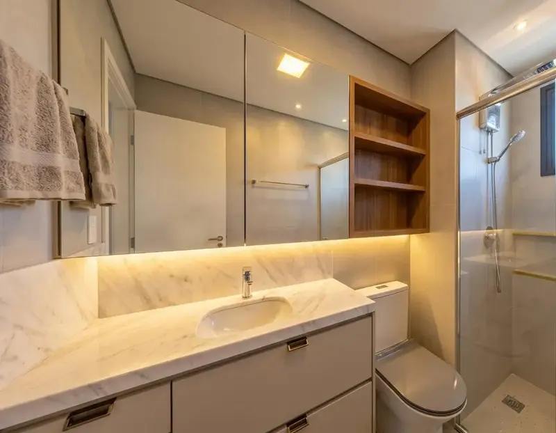 Ambiente do apartamento mobiliado e decorado no Atmos City Design, Setor Marista em Goiânia