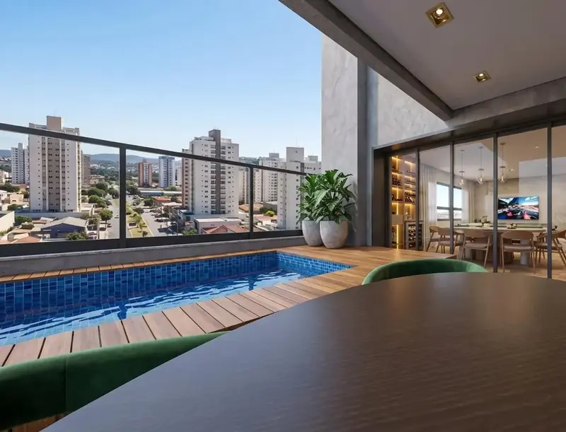 Ambiente do apartamento mobiliado e decorado no Atmos City Design, Setor Marista em Goiânia