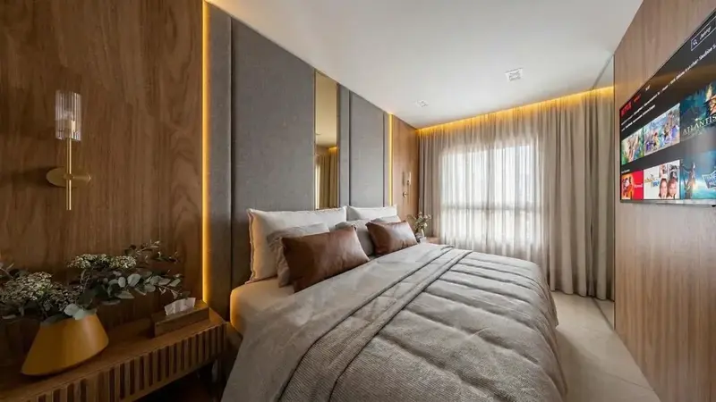 Ambiente do apartamento mobiliado e decorado no Atmos City Design, Setor Marista em Goiânia