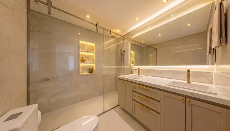 Ambiente do apartamento mobiliado e decorado no Atmos City Design, Setor Marista em Goiânia
