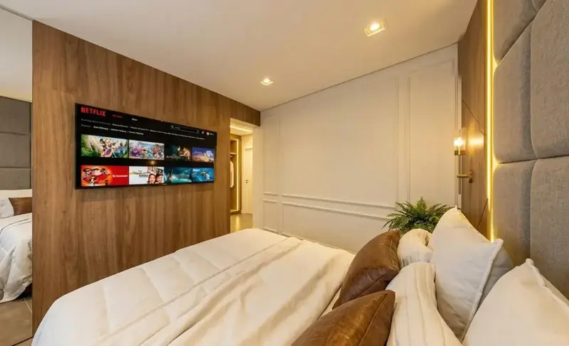 Ambiente do apartamento mobiliado e decorado no Atmos City Design, Setor Marista em Goiânia