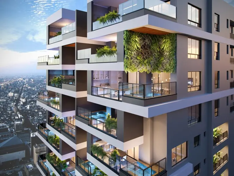 Varandas com piscina privativa do Atmos City Design, Setor Marista em Goiânia (imagem de projeto)
