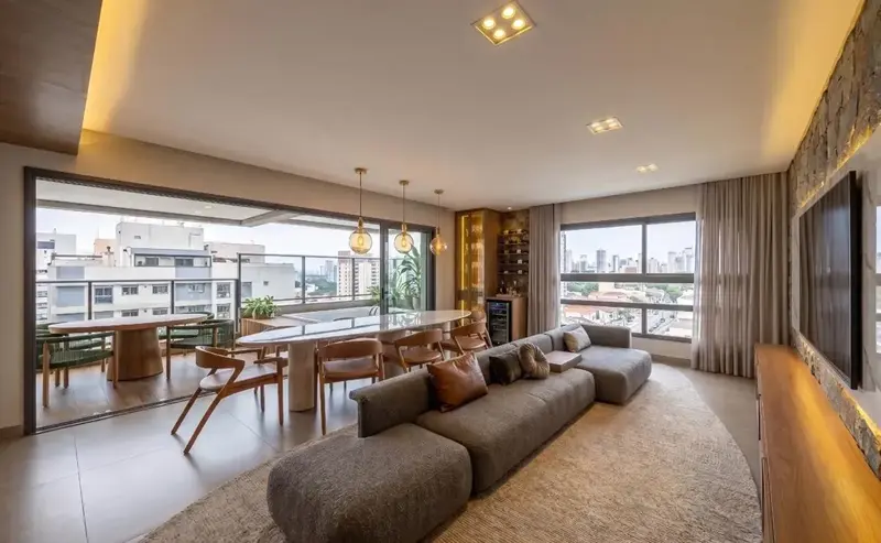 Ambiente do apartamento mobiliado e decorado no Atmos City Design, Setor Marista em Goiânia