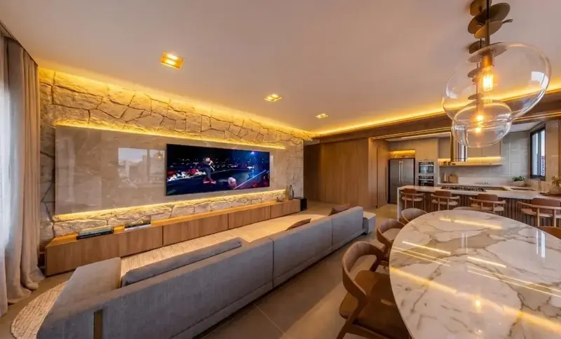 Ambiente do apartamento mobiliado e decorado no Atmos City Design, Setor Marista em Goiânia