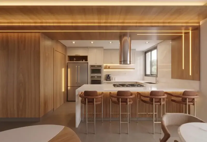 Ambiente do apartamento mobiliado e decorado no Atmos City Design, Setor Marista em Goiânia