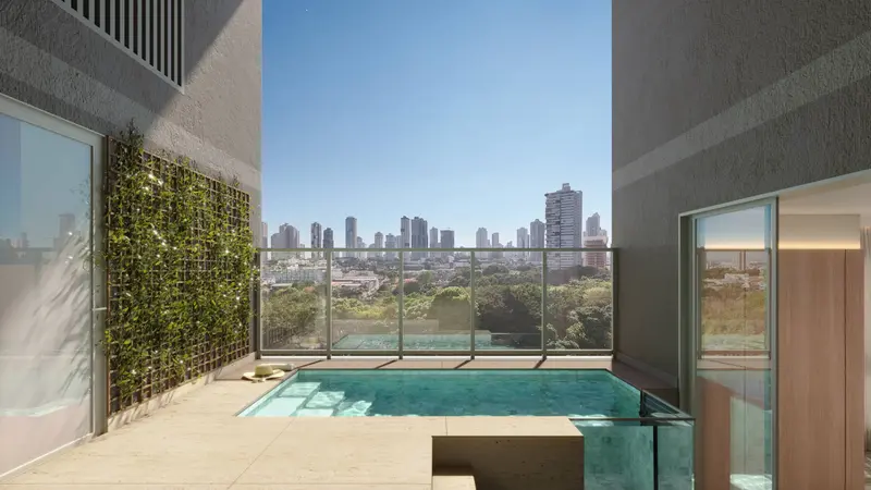 Deck do apartamento decorado do City Park Royal, com vista do Parque Vaca Brava