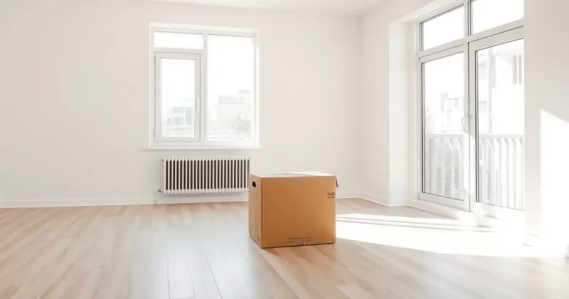 Sala vazia de apartamento alugado com uma caixa de mudança no chão