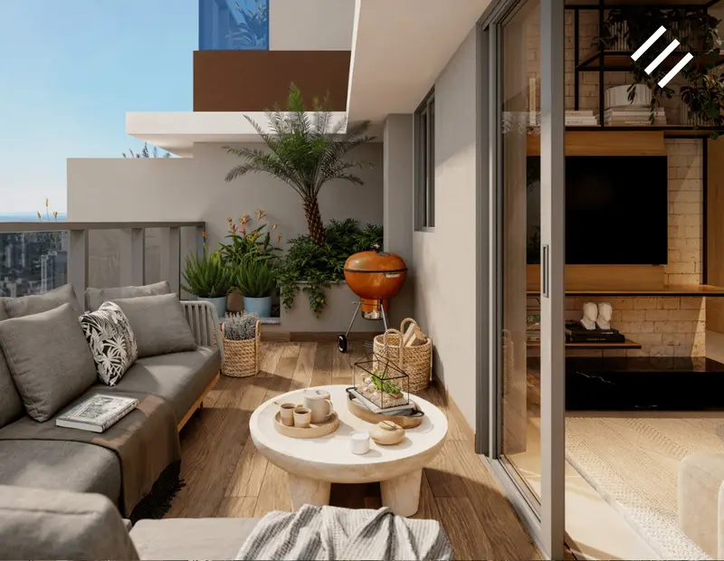 Varanda decorada de apartamento compacto em Goiânia