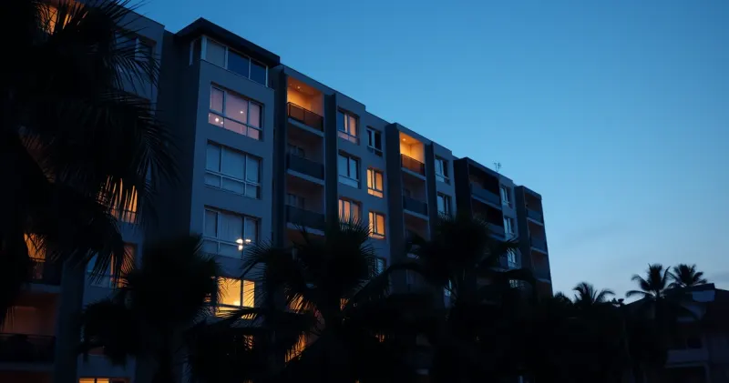 Prédio residencial ao anoitecer, com as janelas acesas e a vizinhança tranquila