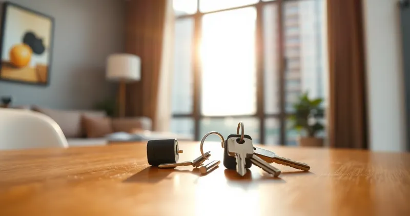 Chaves de imóvel sobre a mesa de um apartamento, com um edifício residencial ao fundo