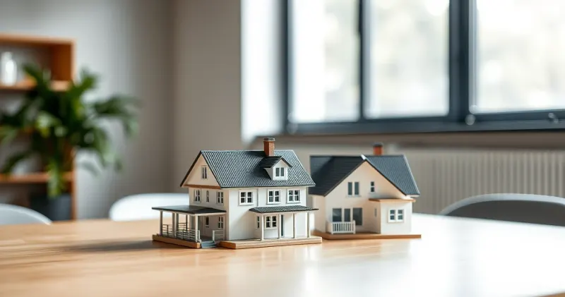Duas maquetes de casas lado a lado sobre uma mesa, representando a troca de imóveis