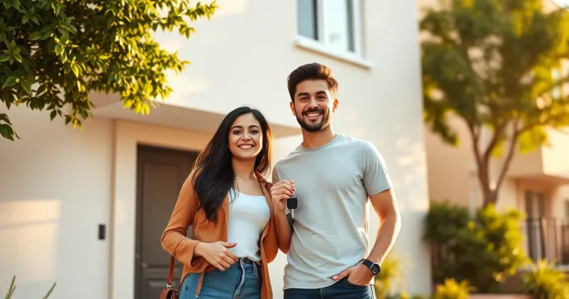 Casal jovem sorrindo com as chaves em frente ao imóvel novo